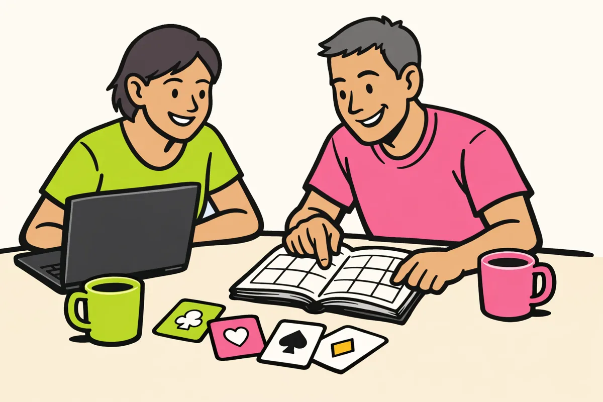 Twee mensen plannen samen een spellenmiddag met een laptop en een agenda aan tafel.
