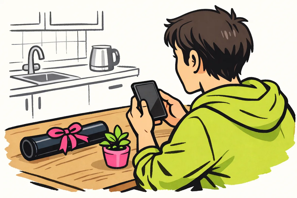 Illustratie van iemand die met een telefoon een mijlpaal deelt, met een diplomakoker op tafel.