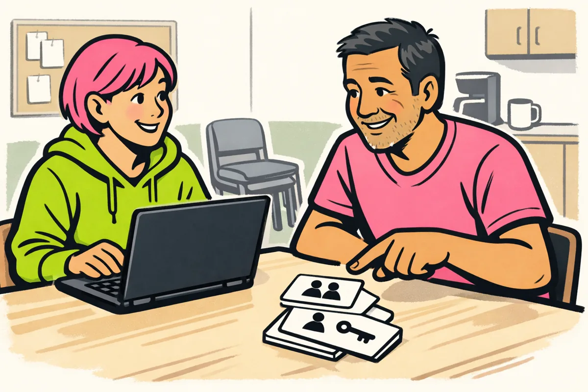 Twee mensen bespreken aan een laptop hoe ze het beheer van hun buurtgroep verdelen.