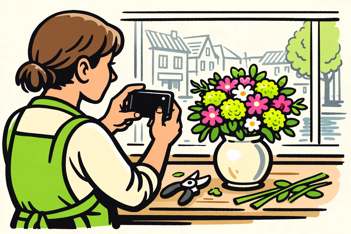 Eigenaar van een bloemenwinkel maakt een foto van een boeket voor een bericht op Facebook.