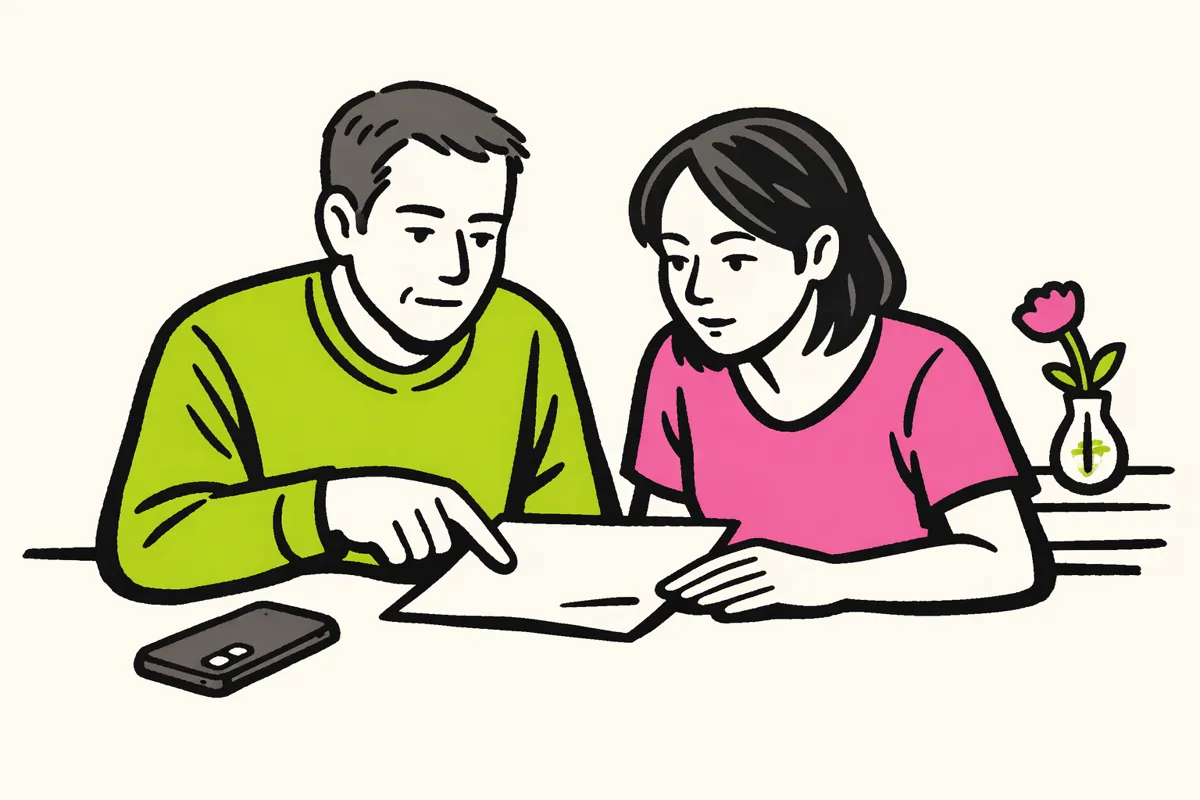 Twee familieleden bespreken aan tafel een overlijdensbericht, met een telefoon en papier voor zich.