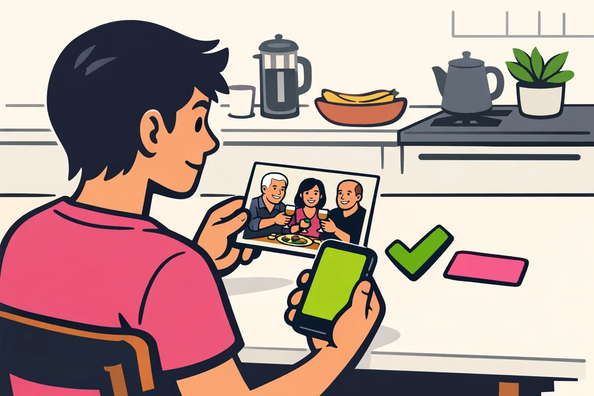 Persoon met een telefoon die een foto van een etentje bekijkt en beslist over een tag.