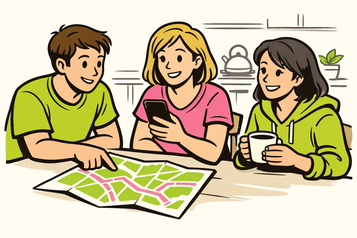 Persoon met een smartphone die met vrienden overlegt over een lunchplek op een stadskaart.