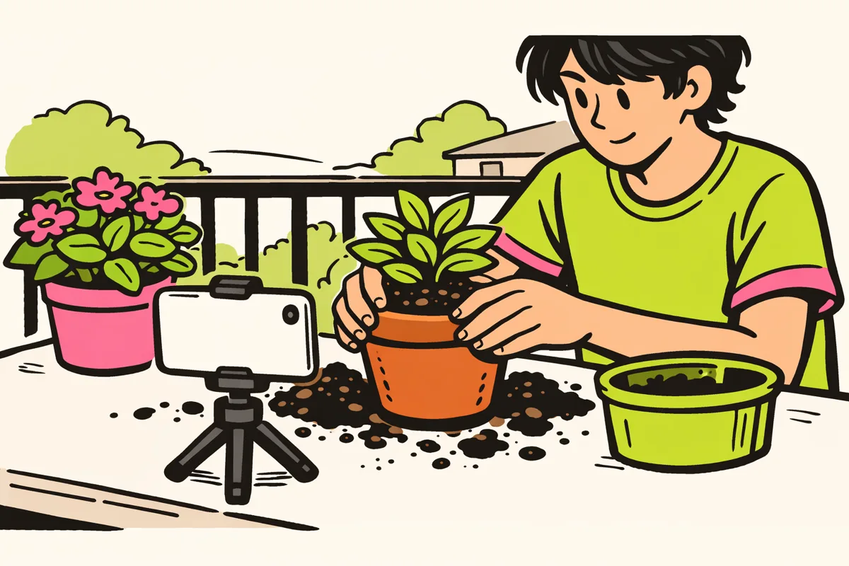 Een maker filmt met een telefoon hoe je een balkonplant verpot.