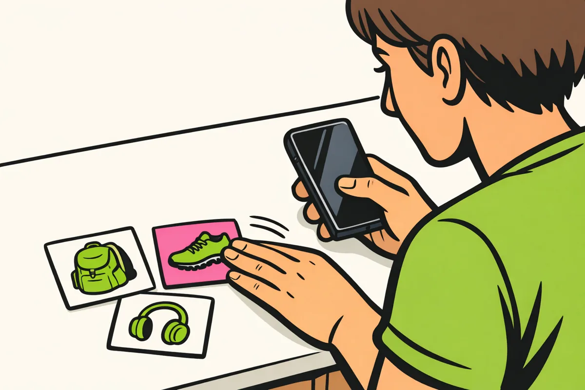 Illustratie van iemand die een smartphone gebruikt en een kaartje met ongewenste reclame opzij schuift.
