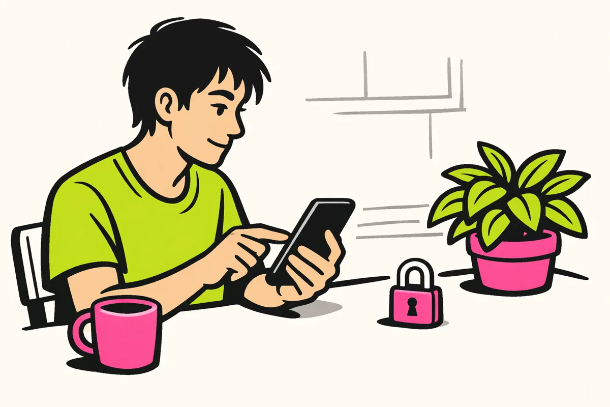 Persoon met een smartphone aan de keukentafel, met een hangslotsymbool voor het blokkeren van contact.