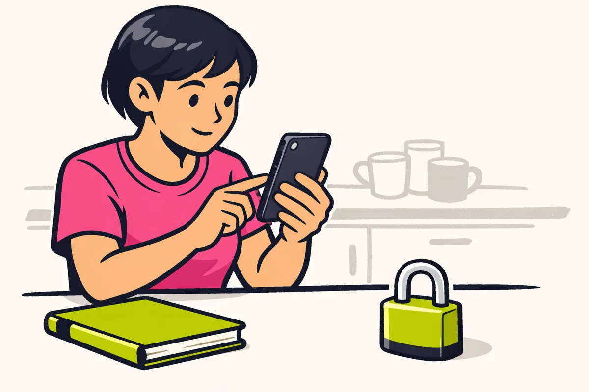 Illustratie van iemand die een telefoon bekijkt, met een hangslot op tafel als verwijzing naar privacy.