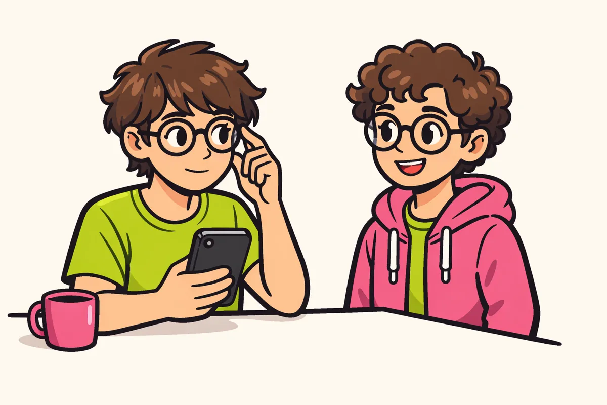 Persoon met een smartphone vergelijkt een getekende avatar met het eigen kapsel en de eigen bril.
