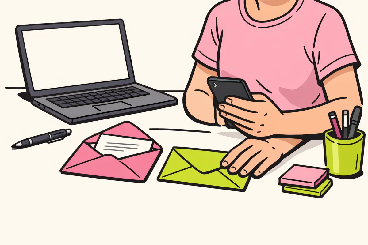 Persoon met een smartphone aan tafel naast een oude en een nieuwe envelop.