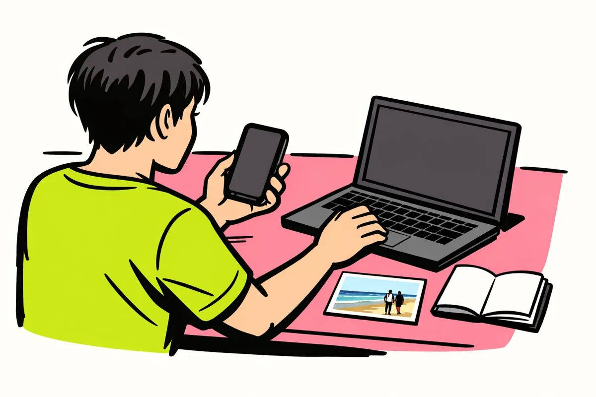Illustratie van iemand die een smartphone en laptop vergelijkt bij het voorbereiden van een Facebook bericht.