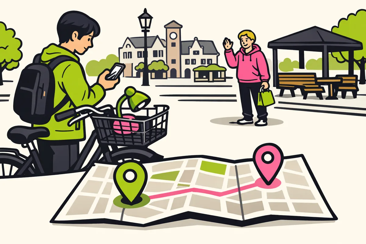 Persoon met een fiets en tweedehands lamp bekijkt een telefoon bij een ophaalplek in de stad.