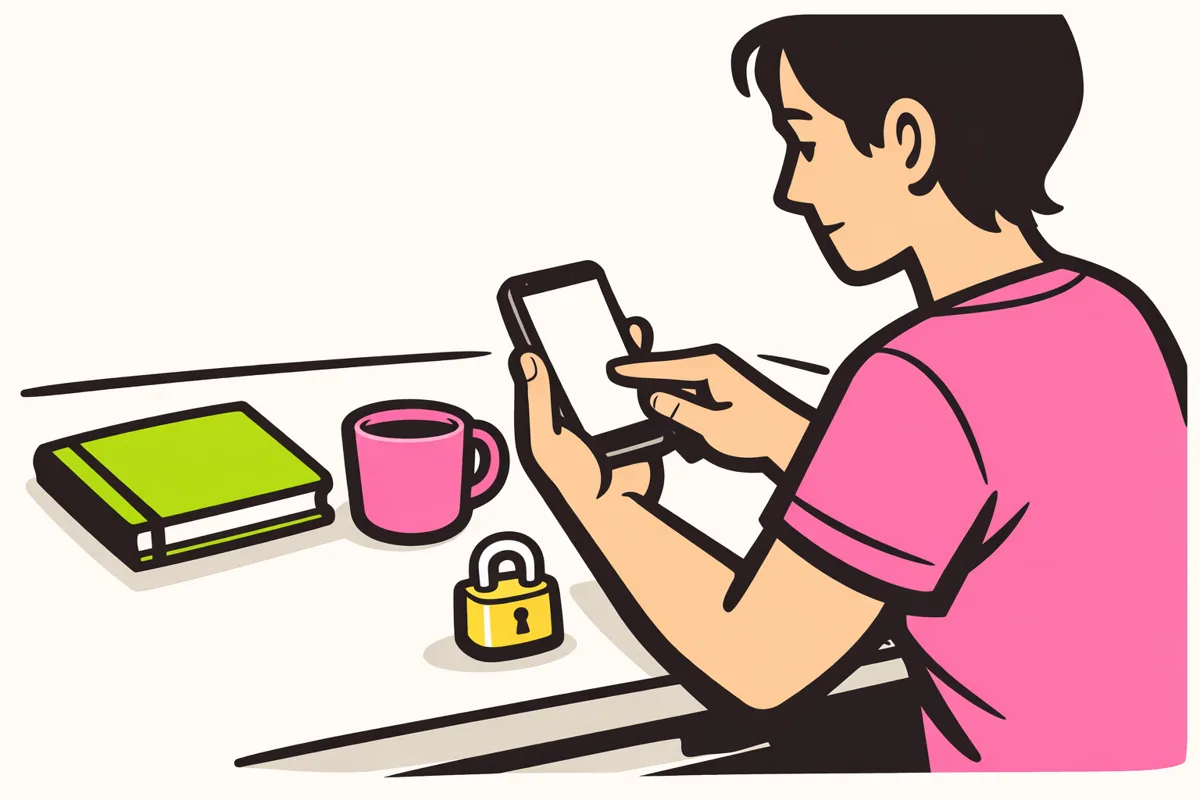 Persoon bekijkt een smartphone aan tafel met een klein hangslot ernaast als verwijzing naar privacy.