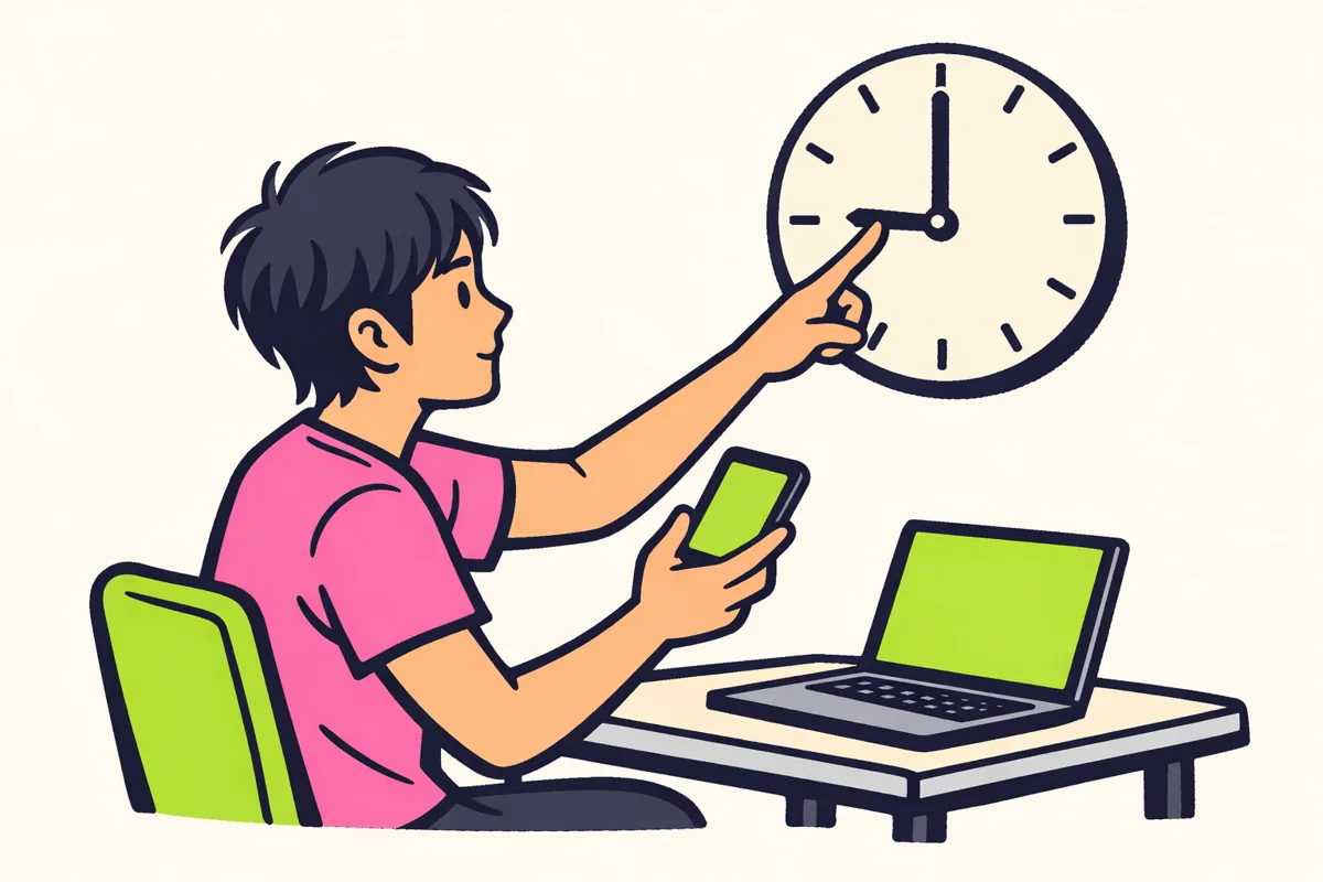 Persoon vergelijkt de tijd op een telefoon met een wandklok, met een laptop op tafel.