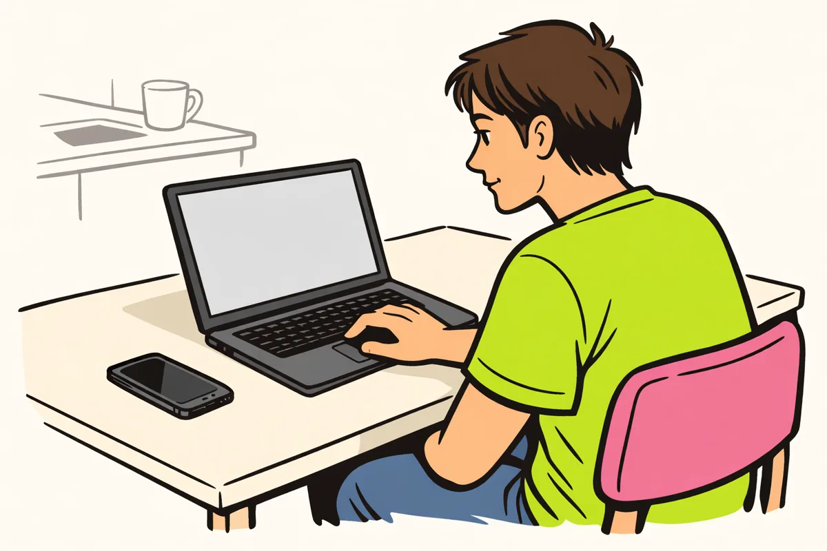 Persoon bekijkt een bericht op een laptop met een smartphone naast zich op tafel.