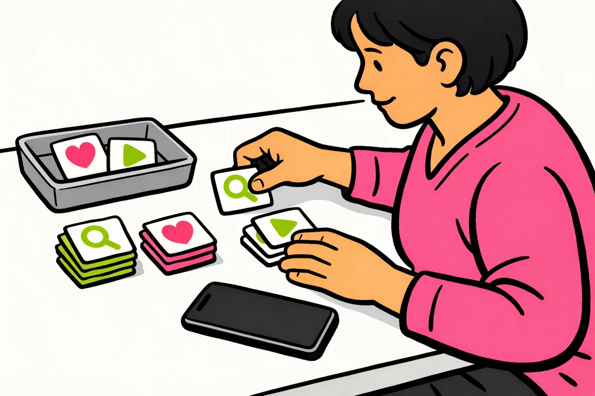 Persoon sorteert kaartjes met zoekopdrachten, likes en video's naast een telefoon.