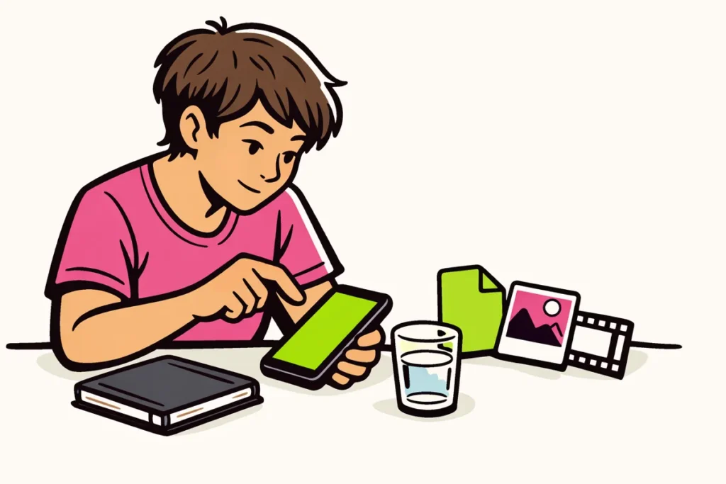 Illustratie van iemand die op een telefoon de opslag van een app bekijkt.