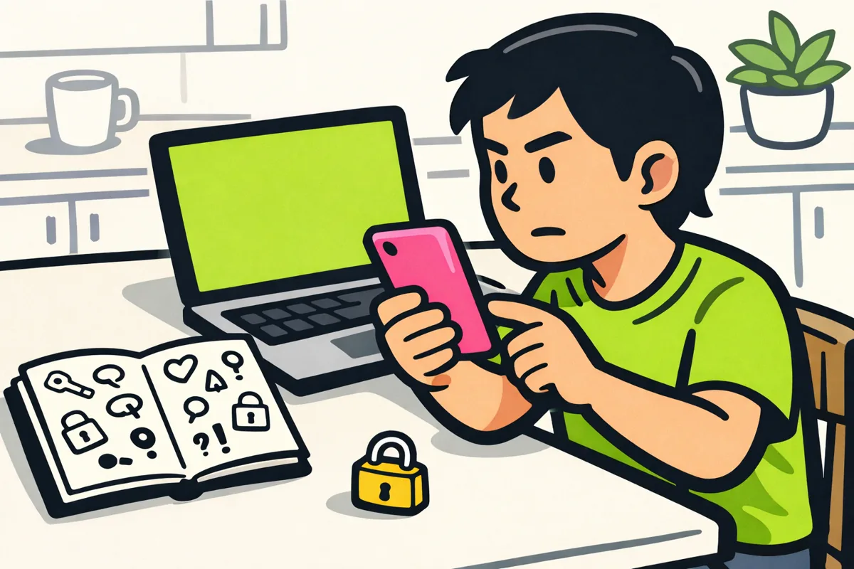 Persoon aan een keukentafel zoekt met een telefoon en laptop hulp voor een Facebook account.