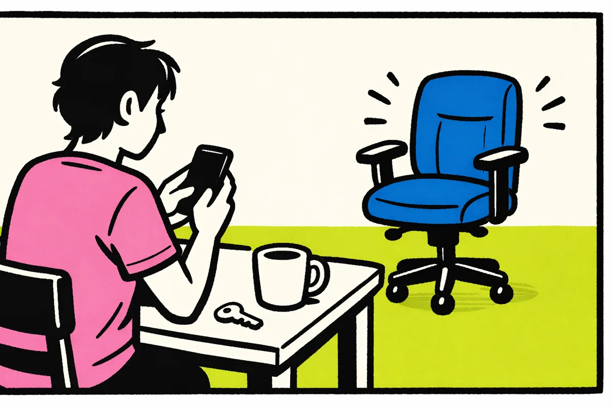 Persoon schrijft op een telefoon een bericht over een tweedehands bureaustoel.