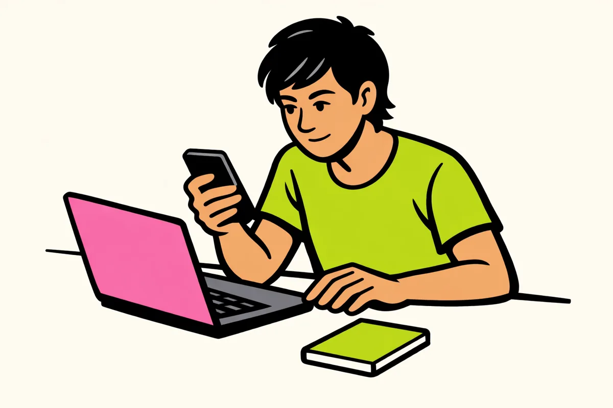 Illustratie van iemand die met een telefoon en laptop informatie overneemt aan een tafel.
