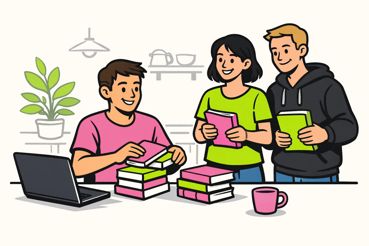Illustratie van iemand met een laptop en boeken die met twee anderen een boekenruilgroep begint.