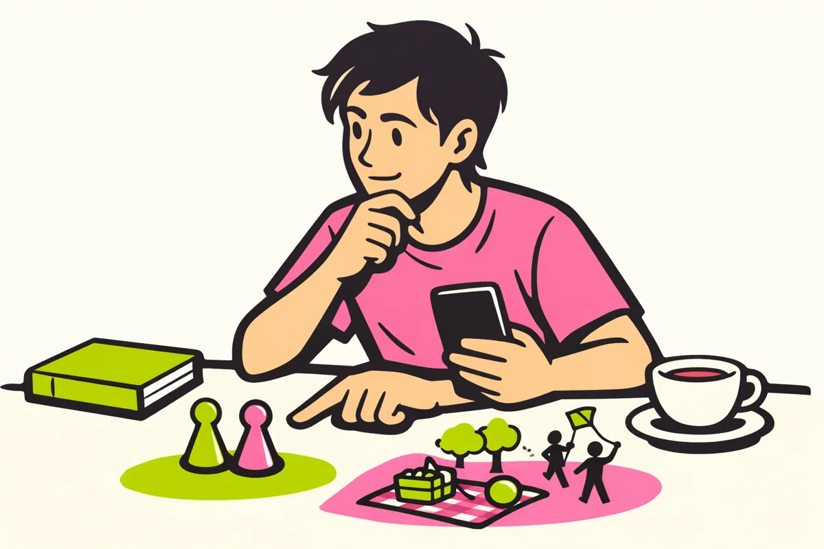 Persoon met een smartphone aan tafel die kiest tussen bordspellen en boeken voor een buurtmiddag.