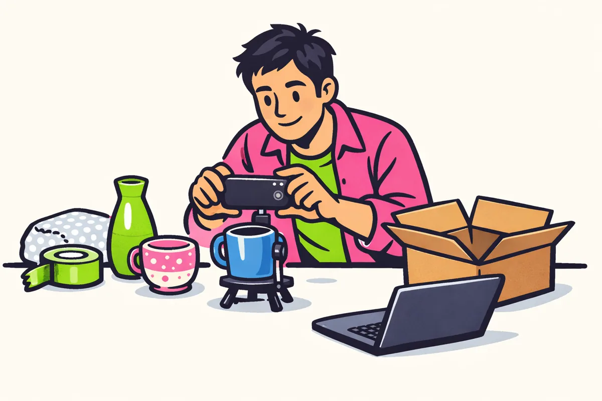 Ondernemer fotografeert een keramische mok voor een productcatalogus naast een laptop en verzenddoos.