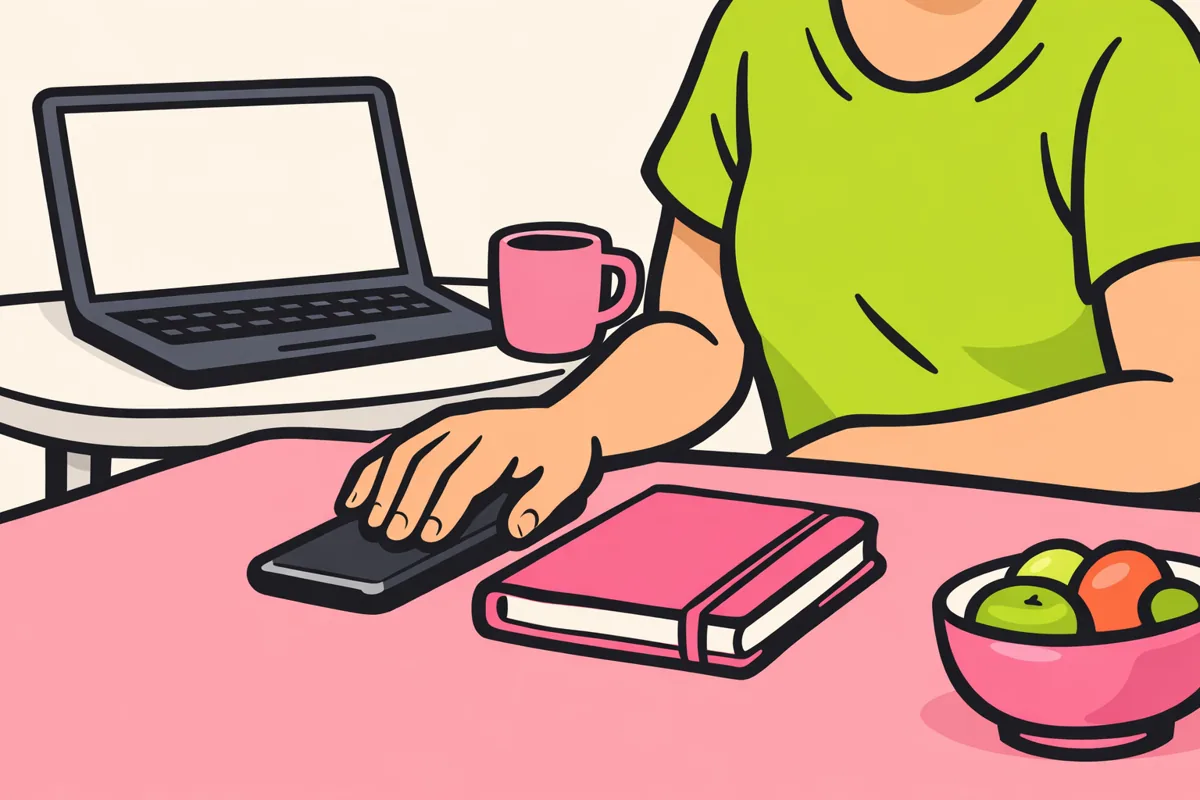 Persoon legt een telefoon met het scherm naar beneden op tafel voor een pauze van Messenger.