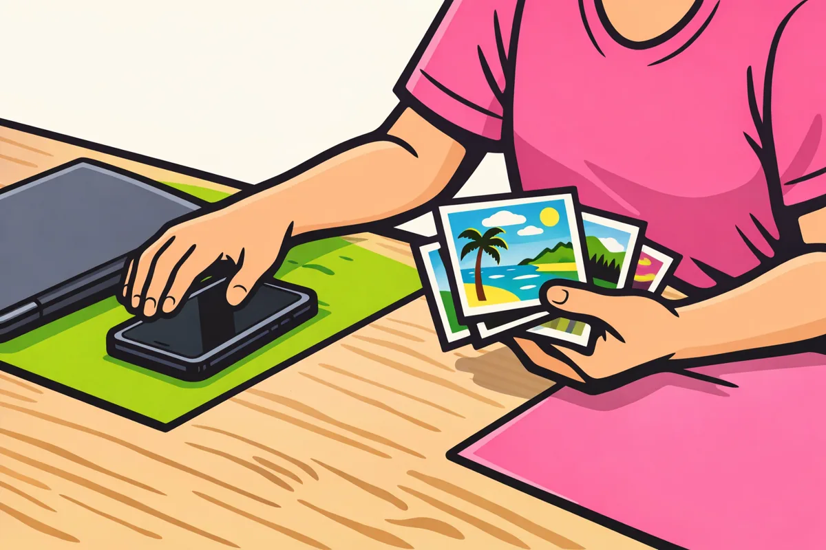 Persoon legt een telefoon weg en houdt vakantiefoto’s vast aan de keukentafel.