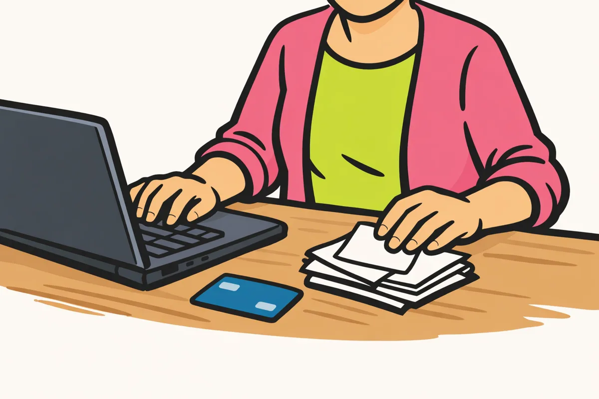 Persoon bekijkt de administratie op een laptop, met een bankpas en betaalbewijzen op tafel.