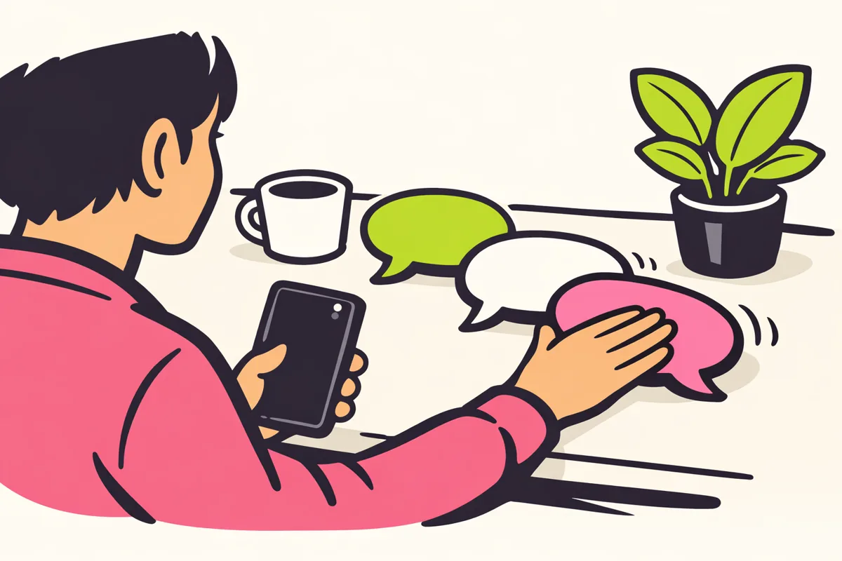 Illustratie van iemand die met een smartphone een druk groepsgesprek opruimt.