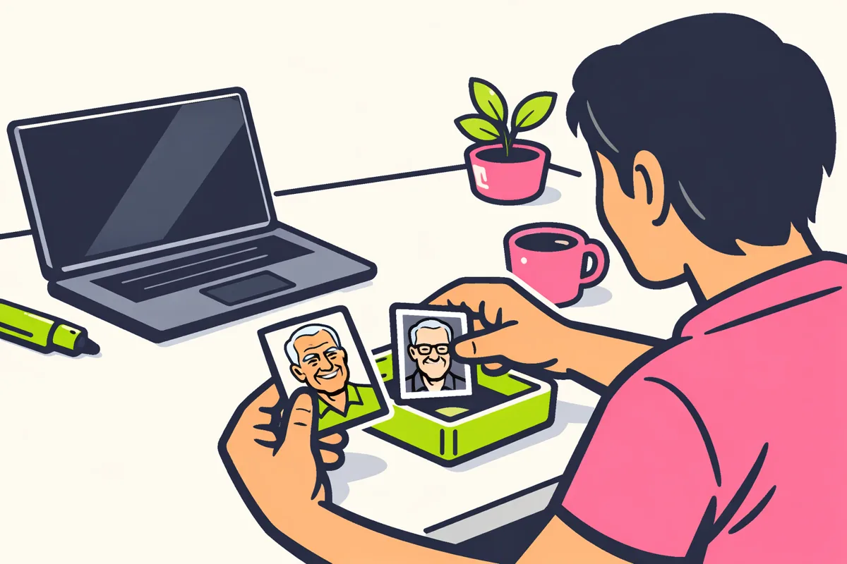 Persoon vergelijkt twee portretkaartjes om het oude profiel van het huidige profiel te onderscheiden.