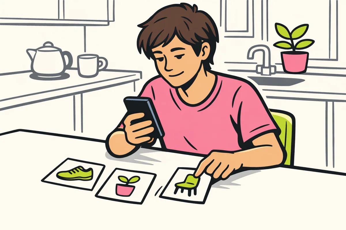 Illustratie van iemand die een telefoon bekijkt en een ongewenst reclamekaartje opzij schuift.