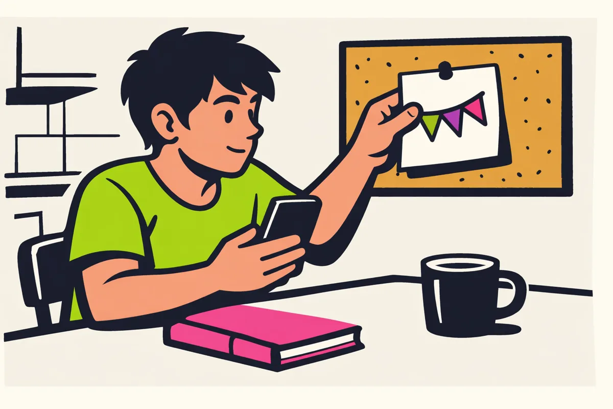 Persoon met een smartphone die een kalenderblad voor een geplande activiteit van een prikbord haalt.
