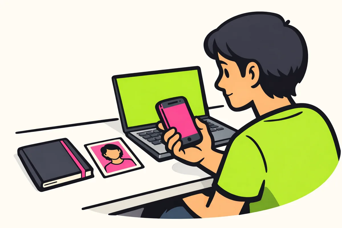 Persoon bekijkt een oude telefoon naast een laptop om een oud Facebook account terug te vinden.