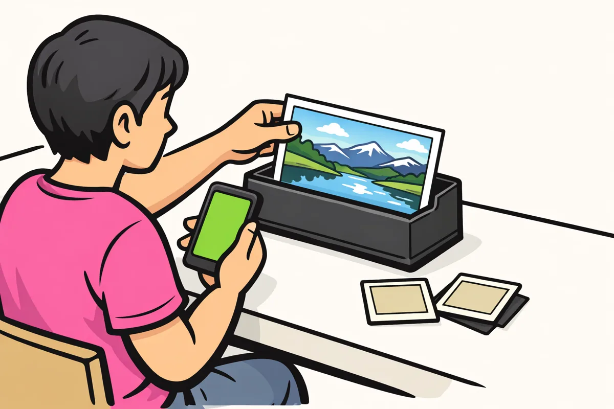 Illustratie van iemand die een brede foto uit een houder haalt en een telefoon bekijkt.