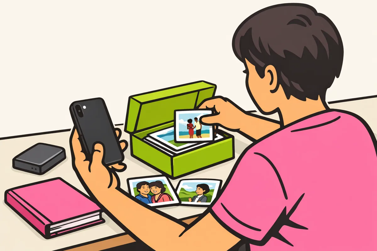 Persoon met een iPhone die foto's bewaart voordat die een Facebook account verwijdert.