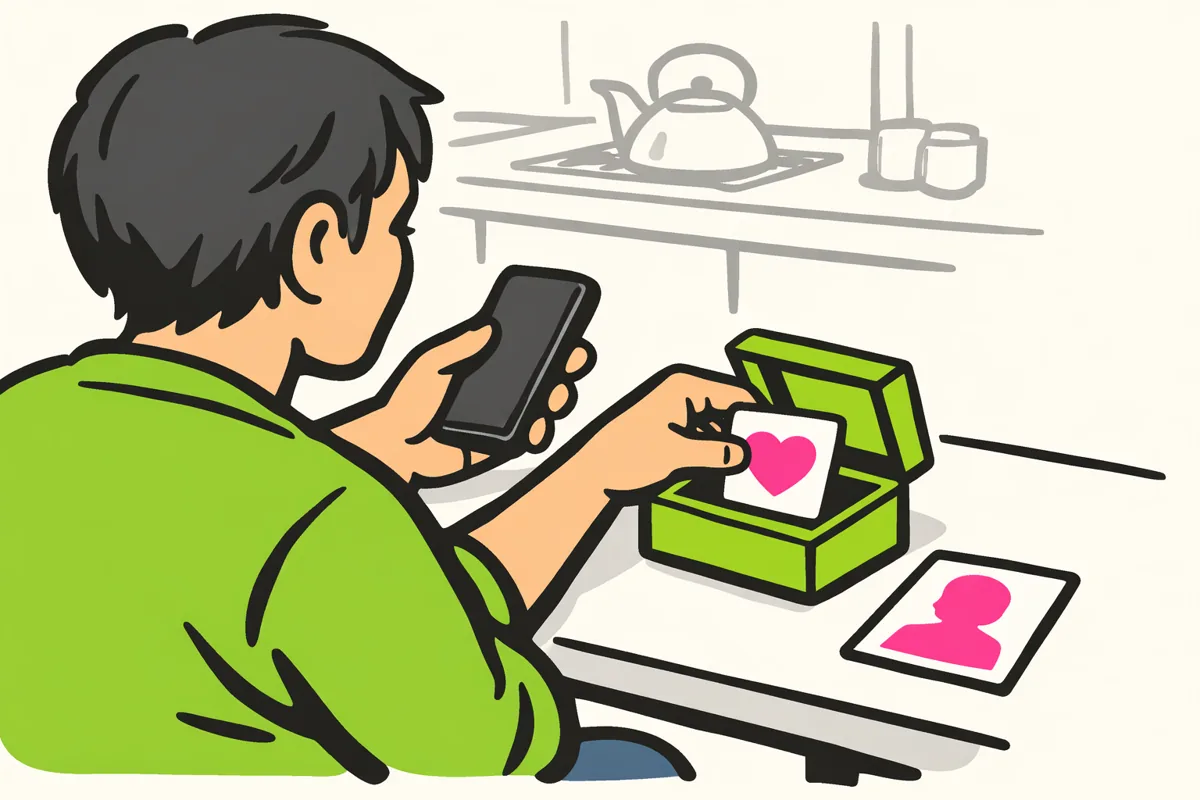 Illustratie van een persoon met een telefoon die een kaart met een hart opbergt en een profielkaart laat liggen.