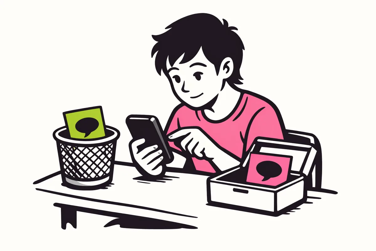Illustratie van iemand met een telefoon die berichtkaartjes sorteert tussen bewaren en verwijderen.