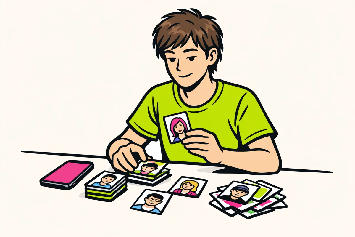 Persoon sorteert portretkaartjes naast een telefoon als illustratie van een Facebook vriendenlijst opschonen.