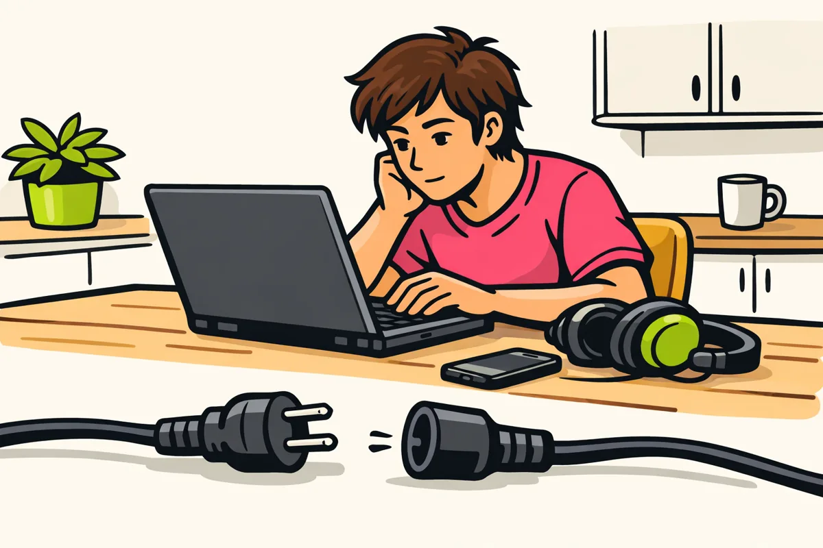 Persoon controleert een laptop met een telefoon en koptelefoon naast zich en twee losgemaakte stekkers op tafel.