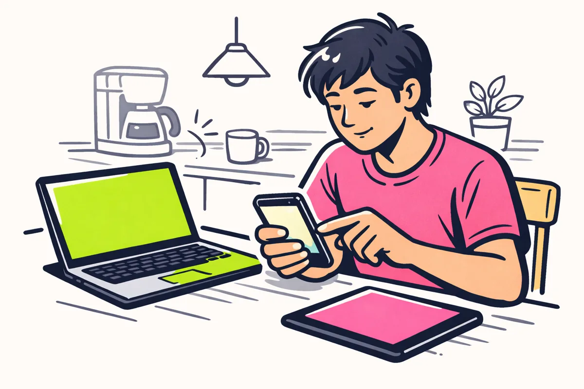 Persoon die een app installeert op een smartphone, met een laptop en tablet op tafel.