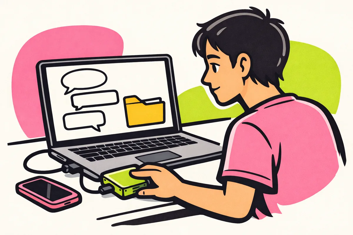 Persoon bewaart gesprekken vanaf een laptop op een externe schijf, met een telefoon op het bureau.