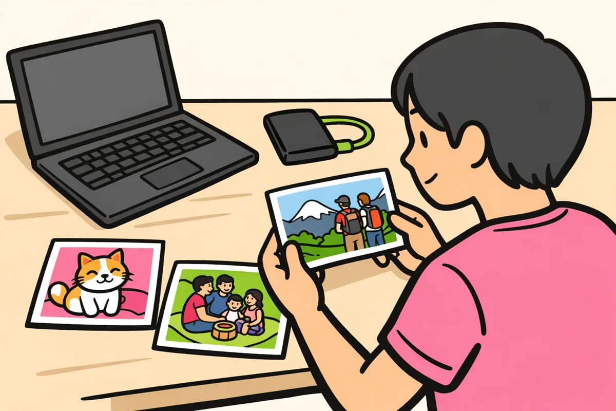 Illustratie van iemand die persoonlijke foto's bewaart met een laptop, telefoon en externe schijf op tafel.