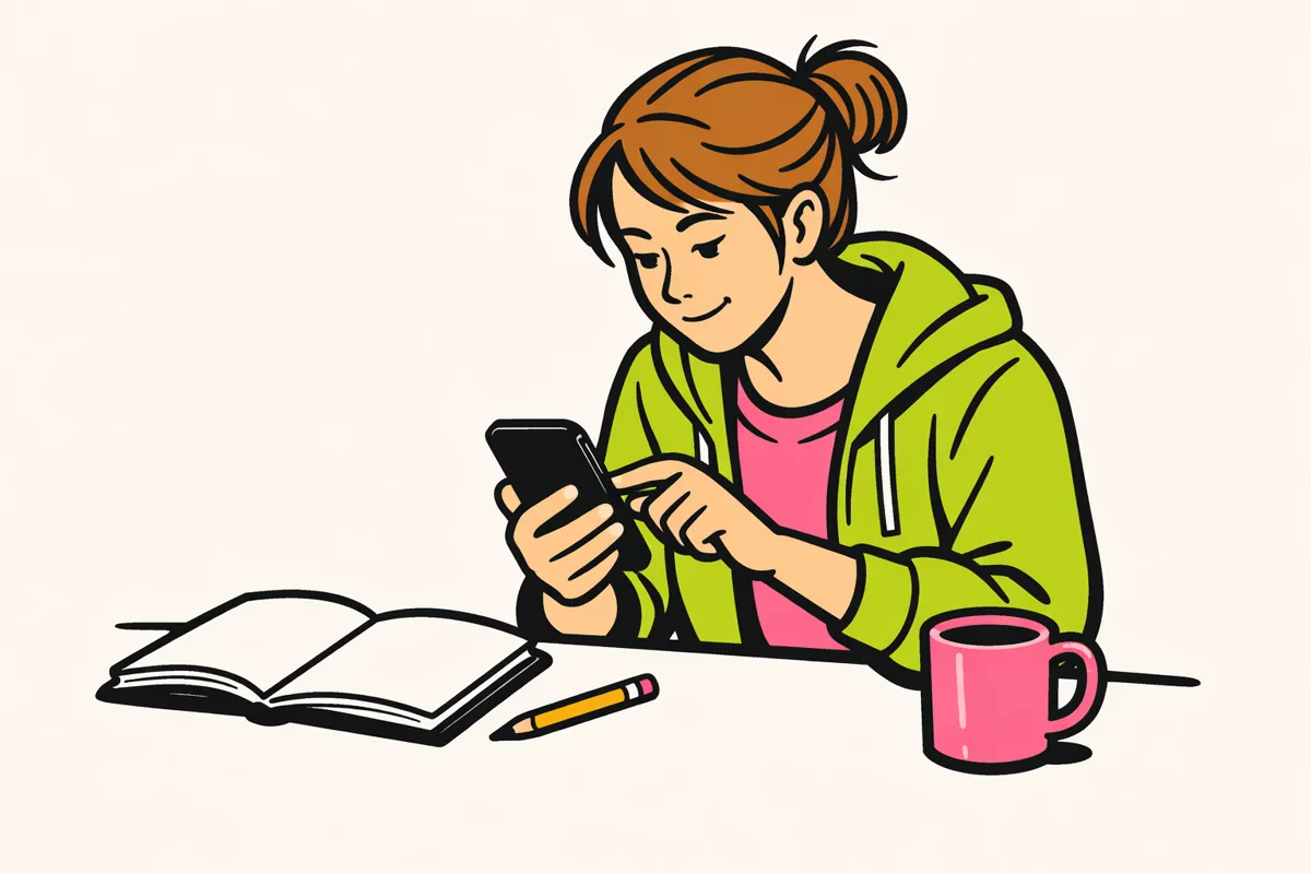 Illustratie van iemand die op een telefoon een reactie aanpast, met een notitieboek op tafel.