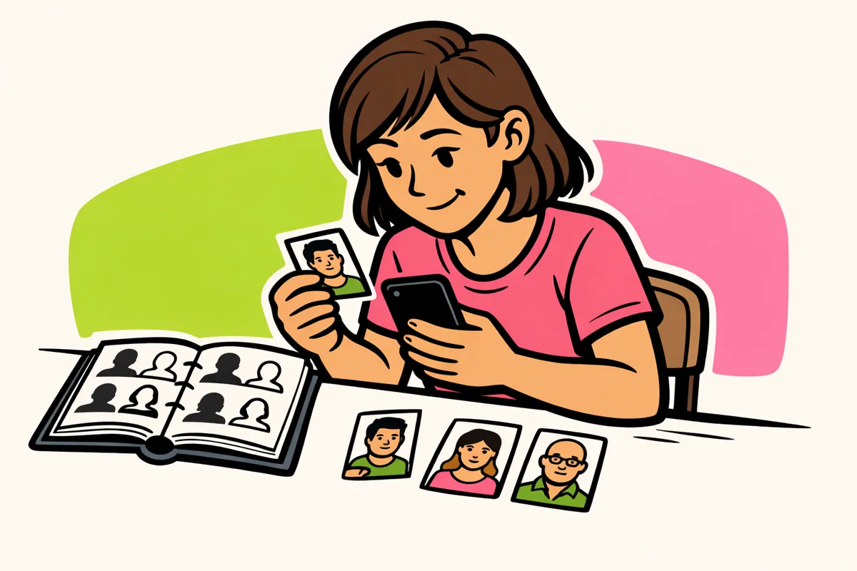 Illustratie van iemand die op een telefoon naar bekenden zoekt met een adresboek naast zich.