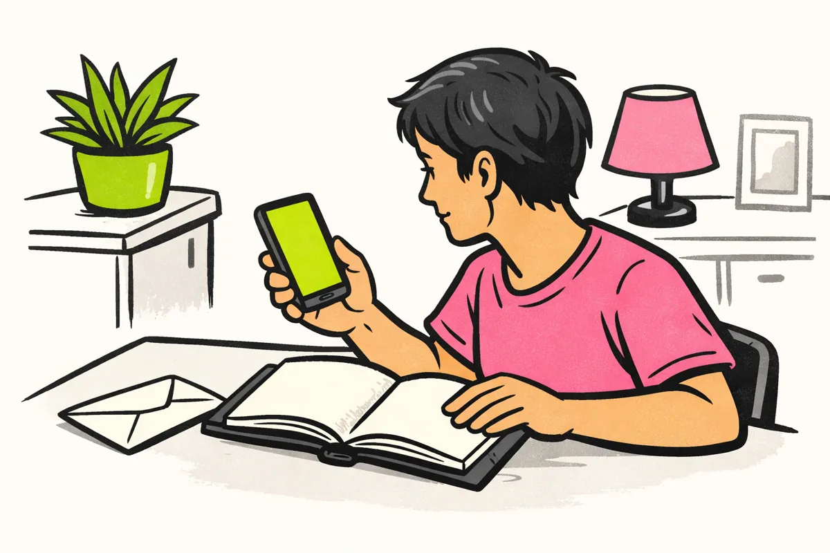 Illustratie van iemand die met een smartphone en adresboek contactgegevens zoekt.