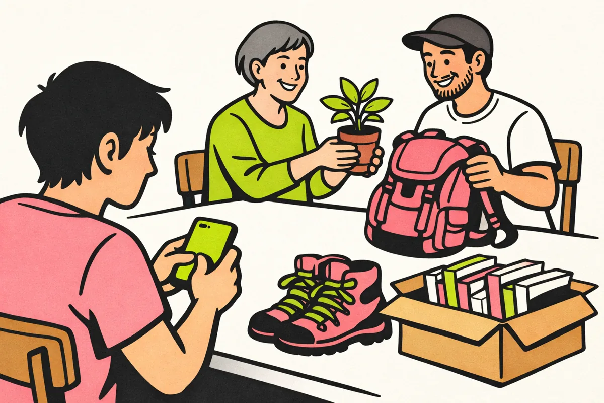 Iemand zoekt op een telefoon terwijl buurtgenoten een plant en wandelspullen uitwisselen.