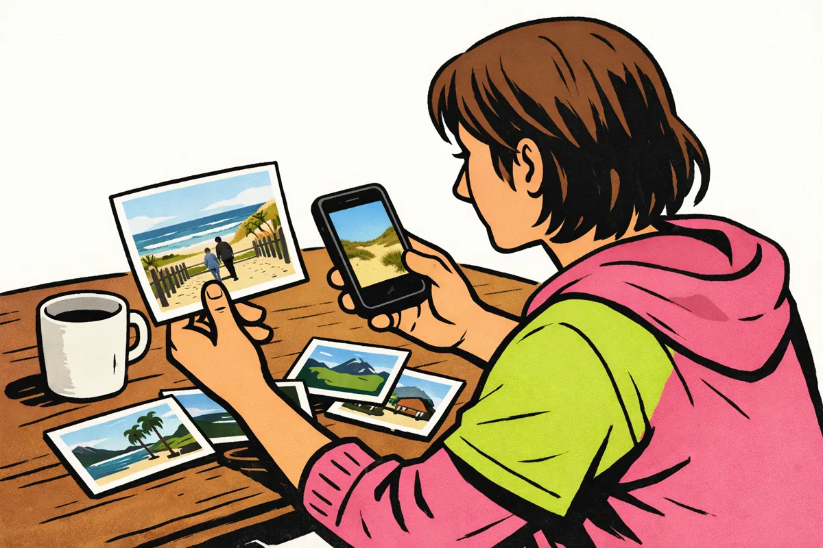 Persoon bekijkt een oude vakantiefoto op een telefoon met losse foto’s op tafel.