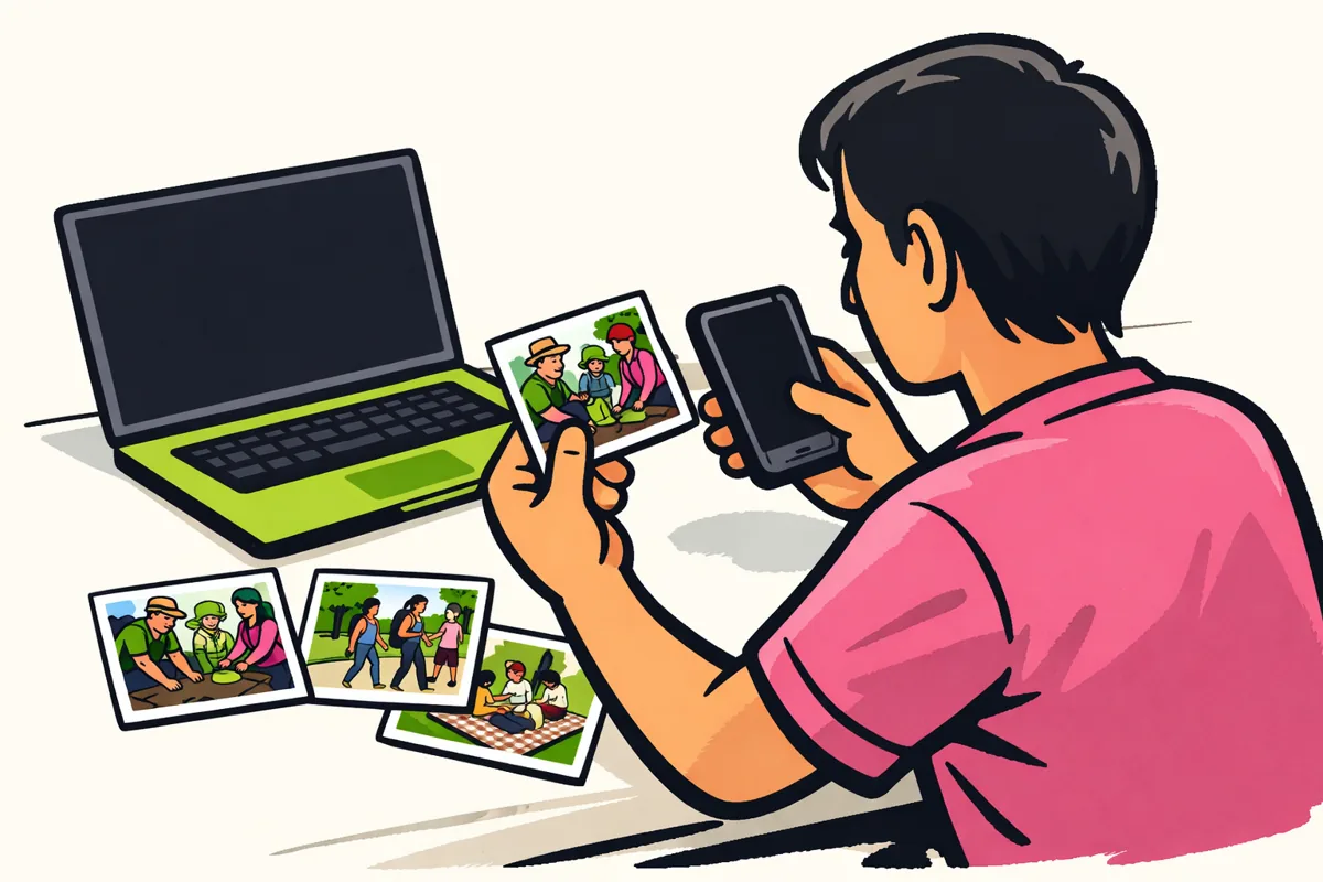 Illustratie van iemand met een telefoon en laptop naast kaartjes van een wandelgroep, buurtgroep en tuingroep.