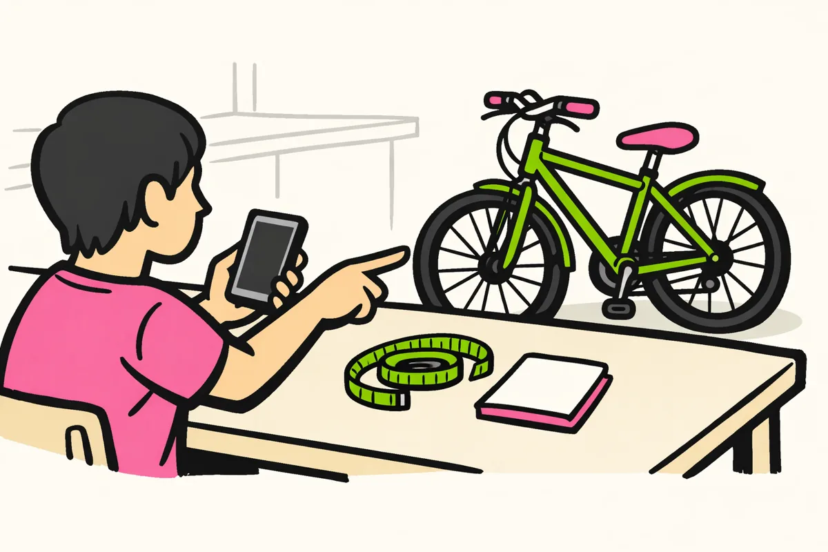 Persoon bekijkt een telefoon naast een tweedehands fiets om een mogelijke aankoop te vergelijken.